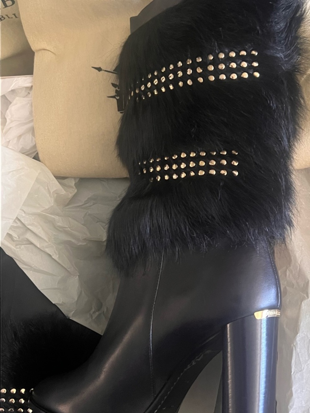 Burberry Black Leather Mid-Calf Fur-Trim Studded Heel Boots - Picture 2 of 6